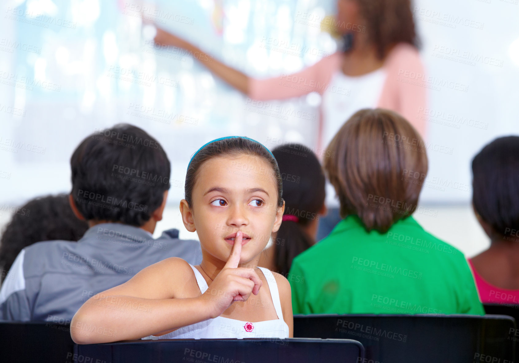Buy stock photo Hush sign, secret or child in classroom with mystery, gossip or fingers on mouth for quiet learning. Lips, news or girl student with whisper or shush gesture for rumor, drama or silence in school