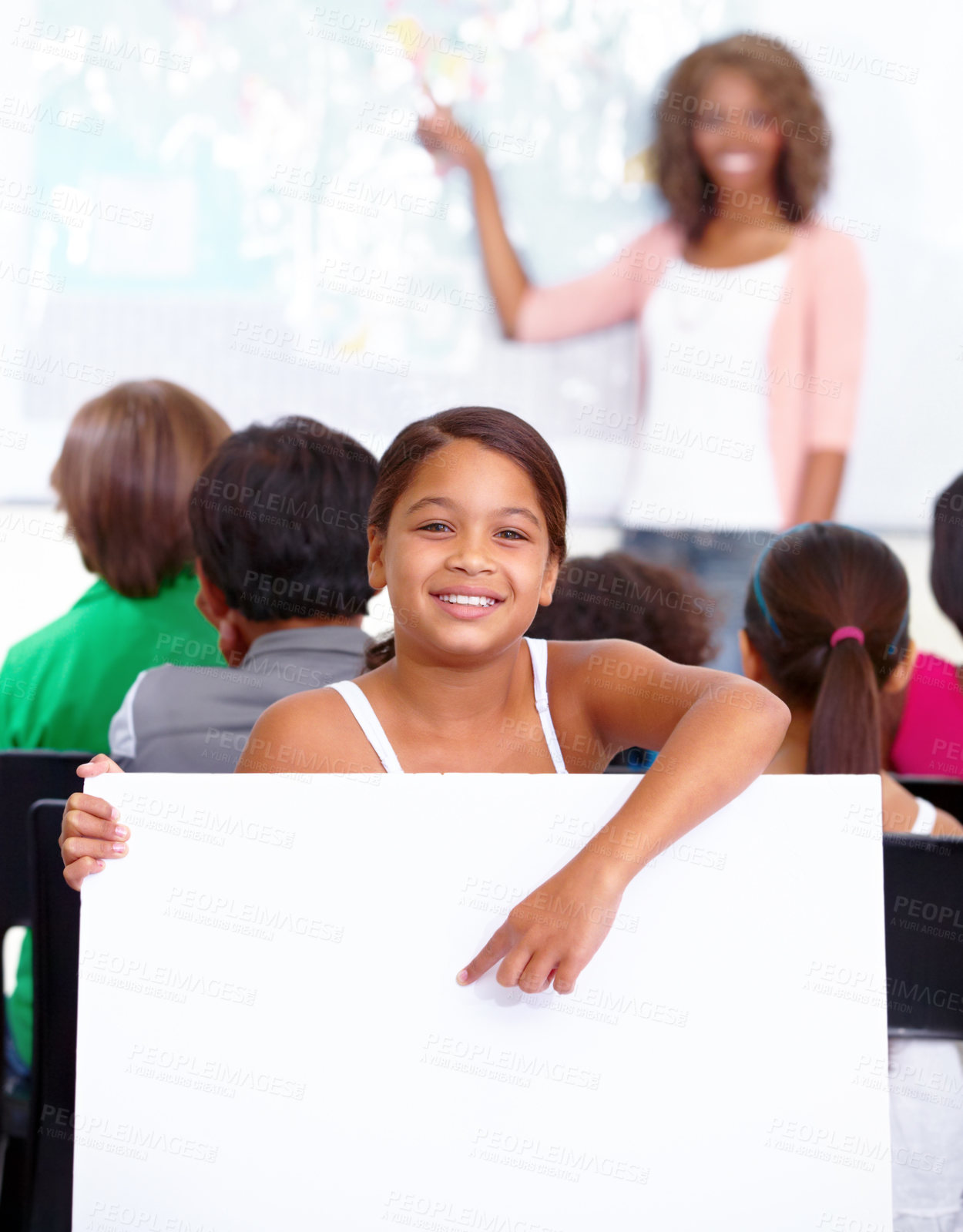 Buy stock photo Woman, portrait and child with poster in classroom for education or learning with teacher at school. Young female person, little girl or kid smile with banner for advertising on mockup space