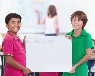 Buy stock photo Poster mockup, portrait and children in classroom for geography knowledge, map education and advertising space. Happy diversity kids, mock up paper or board in learning, teaching and map presentation