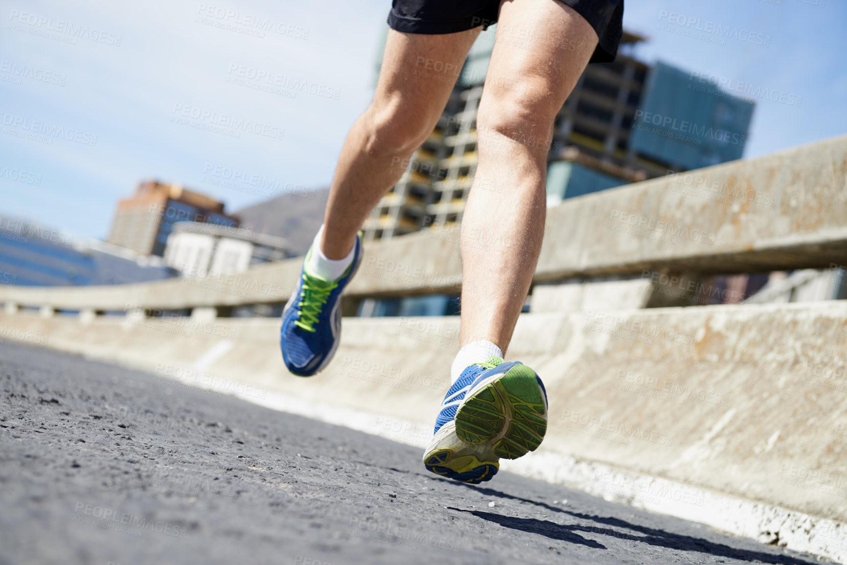 Buy stock photo Legs, running on bridge with fitness and cardio outdoor for health and training for marathon. Exercise in city, runner person in sneakers with speed and energy, sports and athlete on urban street