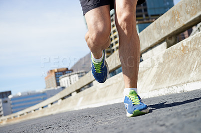 Buy stock photo Legs, running on bridge with exercise and cardio outdoor for health and training for marathon. Fitness in city, runner person in sneakers with speed and energy, sports and athlete on urban street