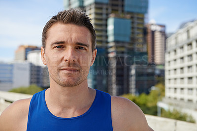 Buy stock photo Man, portrait and fitness in city for running, sports or outdoor workout, exercise or training. Face of active male person or athlete ready for cardio, health and wellness on road in an urban town