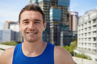 Buy stock photo Happy man, portrait and fitness in city for workout, exercise or outdoor training in Cape Town. Face of young male person or athlete smile for run, cardio or health and wellness in an urban town