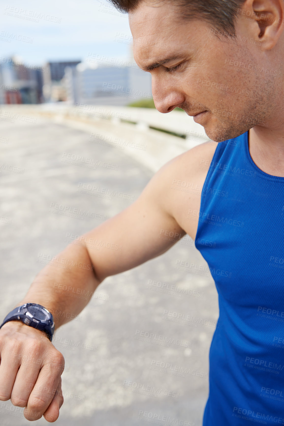 Buy stock photo Man, fitness and looking at watch in city for workout, exercise or monitoring outdoor performance. Closeup of male person or athlete checking wristwatch for training or heart rate in an urban town