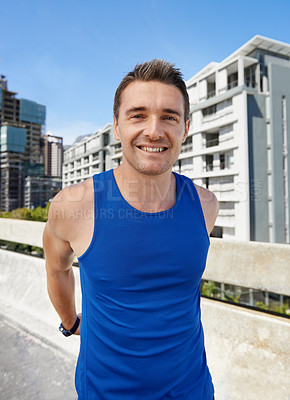 Buy stock photo Man, portrait and stretching in city fitness for workout, exercise or outdoor training preparation. Face of male person or athlete in body warm up for running, cardio or health and wellness in town