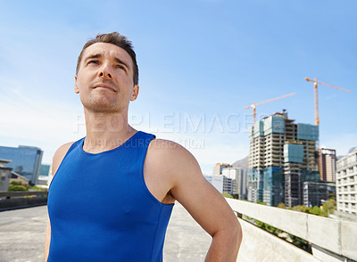 Buy stock photo Happy man, fitness and vision in city for workout, exercise or outdoor training in Cape Town. Face of young male person or athlete smile for run, cardio or health and wellness in an urban town