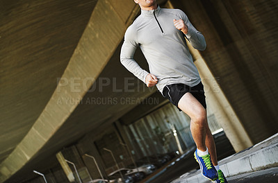 Buy stock photo Man, exercise and fitness on street in outdoors, cardio and running or training for marathon. Male person, athlete and workout by city background, sportswear and performance challenge by bridge