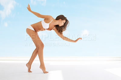 Buy stock photo Happy woman, underwear and fashion on mockup space for style, outdoor beauty or blue sky background in bikini. Attractive female person or model smile in lingerie with slim body for day in sunshine