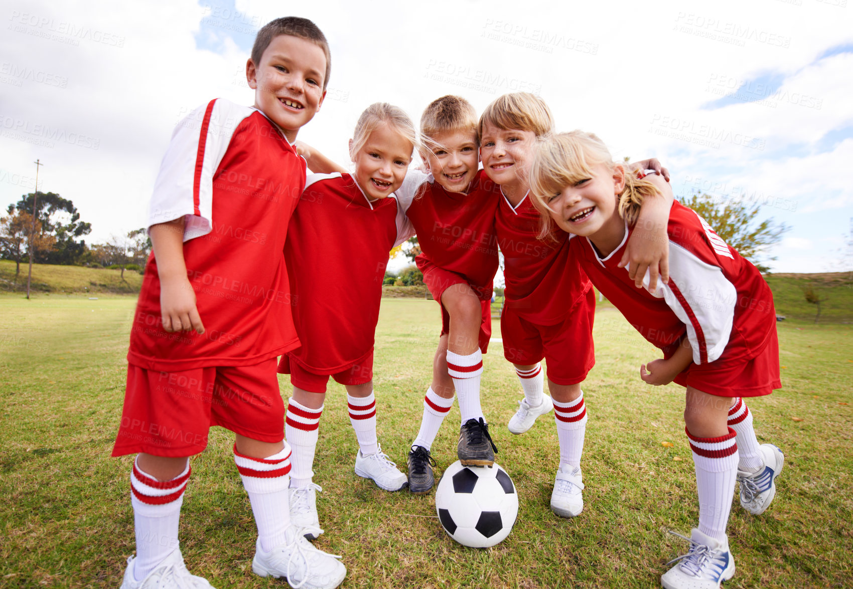 Buy stock photo Children, group portrait and soccer team on field, happy and collaboration or support. People, kids and ready for competition and partnership or teamwork, smiling and solidarity or energy for game