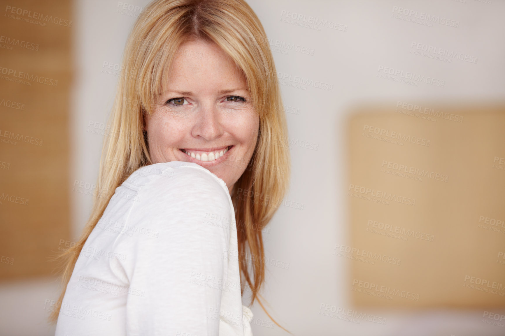 Buy stock photo Happy, woman and smiling with portrait on face, morning and alone in home, natural beauty or headshot. Female, beautiful or thinking with idea, mature person and cheerful lady in house or blonde hair