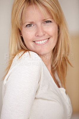 Buy stock photo Happy, woman and smiling with portrait on face, morning and alone in home, natural beauty or headshot. Looking, beautiful or thinking with idea, mature person or cheerful lady in house or blonde hair