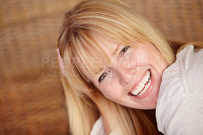 Buy stock photo Happy, woman and big smile with portrait on face, closeup and alone in home, natural beauty or headshot. Female, beautiful or thinking with idea, mature person and cheerful lady in house or relaxing