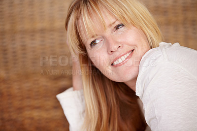 Buy stock photo Happy, woman and smile with face for thinking, idea and alone in home, natural beauty or casual. Female, beautiful or vision with joy, mature person and cheerful lady in house and blonde hair