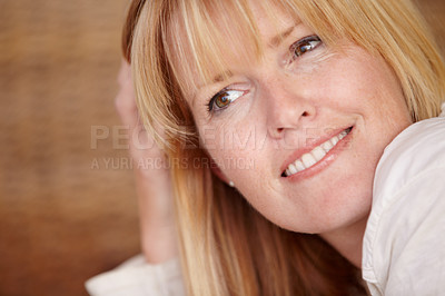 Buy stock photo Happy, woman and think with portrait on face, closeup and alone in home, natural beauty or headshot. Female, beautiful or thinking with idea, mature person and cheerful lady in house or blonde hair