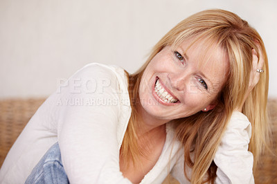 Buy stock photo Happy, woman and smile with portrait on face, joyful and alone in home, natural beauty or headshot. Female, beautiful or thinking with idea, mature person and cheerful lady in house or blonde hair