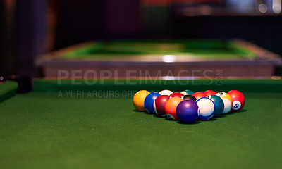 Buy stock photo Cropped shot a pool table just before a game