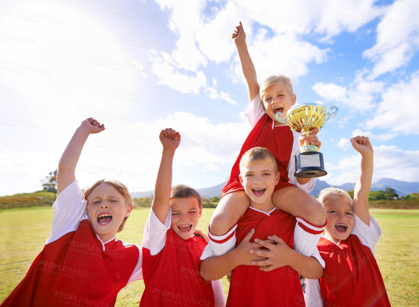 Buy stock photo Celebration, soccer team and children with cup, boys and girls with victory, support or proud. Achievement, sports and friendship, together and happy for win, ready for game or physical activity
