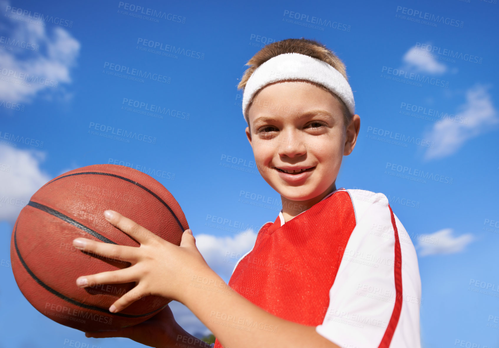 Buy stock photo Happy boy, portrait and basketball for sports game, match or competition with blue sky background. Face of male person, child or player smile with ball for outdoor competition or practice in nature