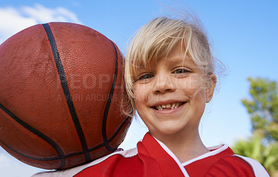 Buy stock photo Happy girl, portrait and basketball for outdoor match, fun game or competition in nature. Face of young female person, kid or sports player smile with ball and cloudy blue sky for exercise in fitness