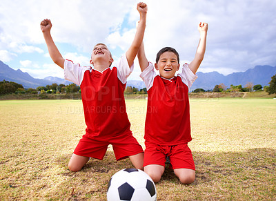 Buy stock photo Children, soccer team and cheering for win and celebration, happy and victory in outdoors. People, kids and excited for achievement, collaboration and partnership or teamwork on field or sports