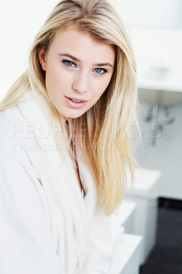 Buy stock photo Portrait, bathrobe and woman at spa for beauty, skincare or wellness in bathroom. Face, dressing gown or blonde person in luxury cosmetic facial treatment, clean hygiene or relax in natural body care