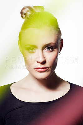 Buy stock photo Headshot of stylish model highlighted with streaks of color isolated on white