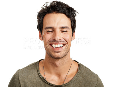 Buy stock photo Smile, confident and young man in a studio with positive, good and happiness attitude for optimism. Excited, calm and male model from Canada with dreaming face expression isolated by white background