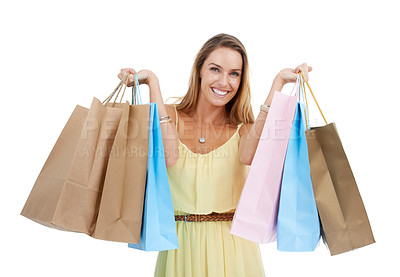 Buy stock photo Woman, happy shopping and portrait with white background, isolated studio and retail mall sales. Happy customer, model and shopping bags in commerce market, discount promotion and luxury store brand