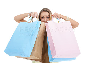 Buy stock photo Shopping, bags and retail with a woman customer in studio on a white background for a sale, discount or bargain deal. Brand, gift and product with a female consumer carrying shopping bags for sales