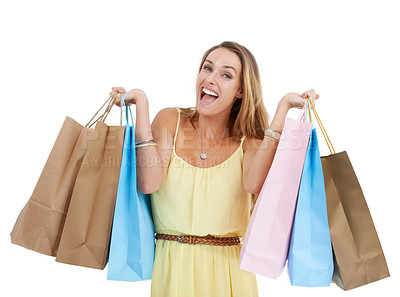 Buy stock photo Shopping bag, portrait and woman excited in studio, isolated white background and retail mall sales. Happy customer, model and shopping in commerce market, discount promotion and luxury store brand
