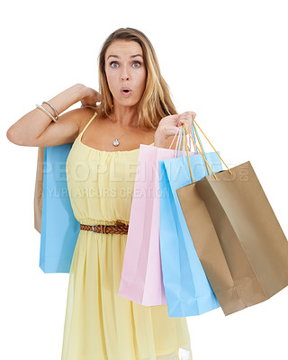 Buy stock photo Portrait, shocked and woman with bags, shopping and luxury boutique items with client isolated on white studio background. Female, shopper and customer surprised, expensive items or sale for discount