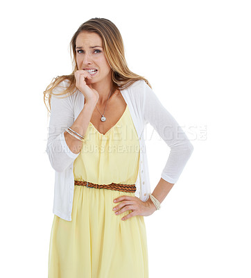 Buy stock photo Nervous, scared and woman biting fingernails for anxiety, mistake and fear with bad habit. Stress, worry and surprise with isolated girl feeling embarrassed for overwhelmed, pressure and insecure