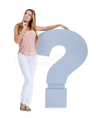 Buy stock photo Thinking, question mark and woman on a white background with sign for decision, ideas or problem solving. Confused, question and doubt of model with why icon, font or cardboard for solution in studio
