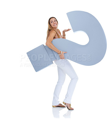 Buy stock photo Question mark, doubt and woman in studio with sign for decision, ideas and problem solving on mockup. Confused, question and choice of a model with why icon, font or cardboard for solution