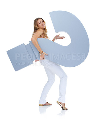 Buy stock photo Question mark, thinking and woman in studio with sign for decision, ideas and problem solving on mockup. Confused, question and doubt of a model with why icon, font or cardboard for solution