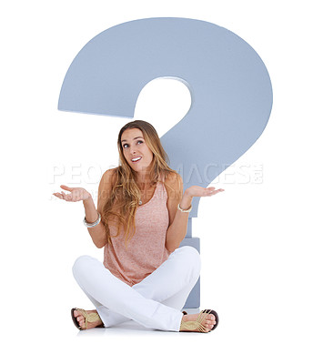 Buy stock photo Question mark, confused and woman in studio with sign for ideas, decision and problem solving on mockup. Memory fail, question and doubt of model with why icon, font or cardboard for solution search
