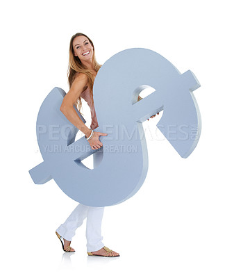 Buy stock photo Woman, dollar sign and studio for saving, money goals or investment in stock market for future by white background. Financial dream, planning or focus for isolated model with smile for finance profit