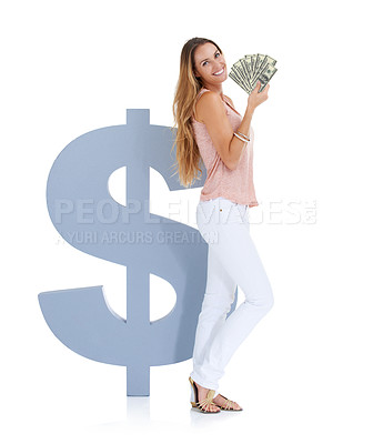 Buy stock photo Money, dollars and woman in portrait with cash for savings mockup with banking against white background. Financial happy woman with bonus and winning lotto with profit for wealth and investment