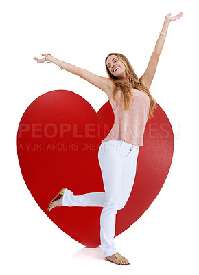 Buy stock photo Heart graphic, valentine love portrait and woman happy with  freedom and excited feeling. Model, isolated white background and beautiful young person with happiness and dancing joy with mockup