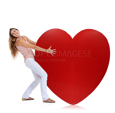 Buy stock photo Love, studio and woman pull heart isolated on a white background. Beauty, fashion and young female model pulling heavy symbol or sign for romance emoji, affection or romantic passion, care or empathy