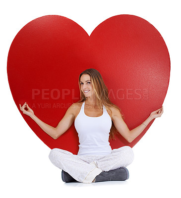 Buy stock photo Heart, love and woman portrait sitting with a smile, happiness and isolated white background. Hearts cartoon, calm and model happy about romance vision, valentines day and beauty with mock up 
