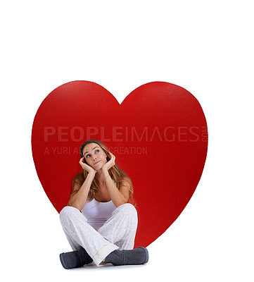 Buy stock photo Love, thinking and woman with studio heart, romantic product or emoji icon for Valentines Day holiday. Beauty, big red object or relax model girl with care symbol and day dreaming on white background