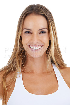 Buy stock photo Happy, smile and portrait of a woman model with natural beauty and white background. Happiness, smiling face and beautiful person alone with mock up in a studio feeling positive with skin glow