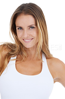 Buy stock photo Happy, woman and portrait of a model isolated with a smile and natural beauty with white background. Happiness, smiling and beautiful person alone with mock up in a studio feeling positive and cute 