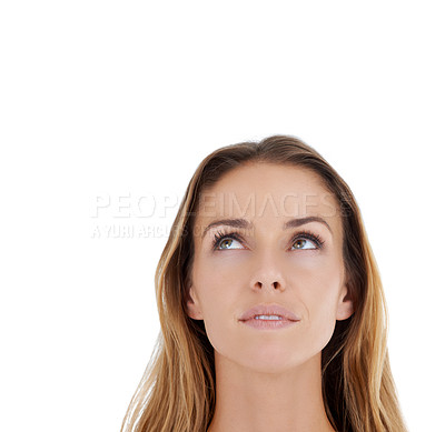 Buy stock photo Thinking, woman and model with idea, planning and thoughtful ideas with mock up. Young female face from Miami think alone and isolated with white background and mockup feeling curious with a plan