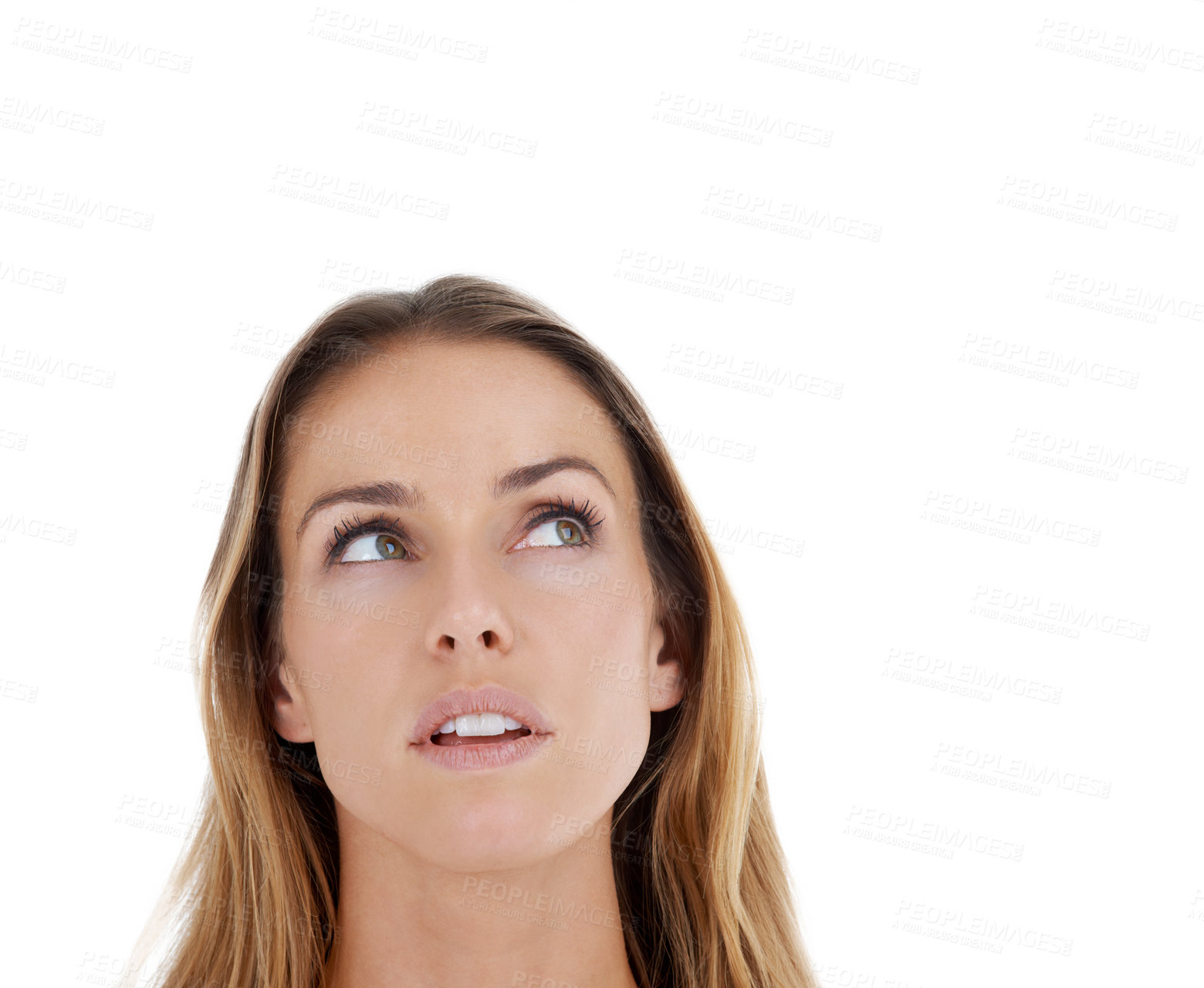 Buy stock photo Idea, think and woman with planning ideas with mock up in studio space. Young female mature face thinking alone and isolated with white background and mockup curious and looking up wondering