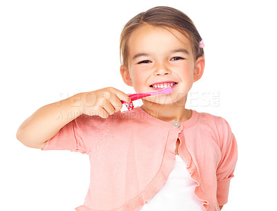 Buy stock photo Portrait, girl and child brushing teeth in studio for hygiene, wellness and learning healthy oral habits on white background. Happy young kid, toothbrush and care of dental cleaning for fresh breath 