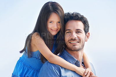 Buy stock photo Happy family father, sky and kid hug dad for fathers day, outdoor fun and spending quality time together. Happiness, youth smile and daughter care, bonding and hugging papa for piggyback ride