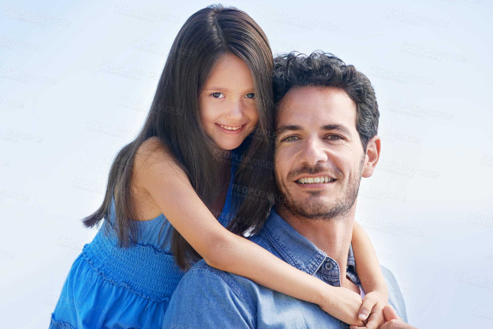 Buy stock photo Happy family father, sky and kid hug dad for fathers day, outdoor fun and spending quality time together. Happiness, youth smile and daughter care, bonding and hugging papa for piggyback ride