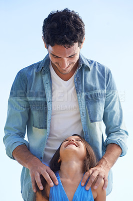 Buy stock photo Blue sky, smile and bonding father, child or family happy for outdoor sunshine, happiness and spending quality time together. Love, eye contact and summer freedom of dad with young kid girl